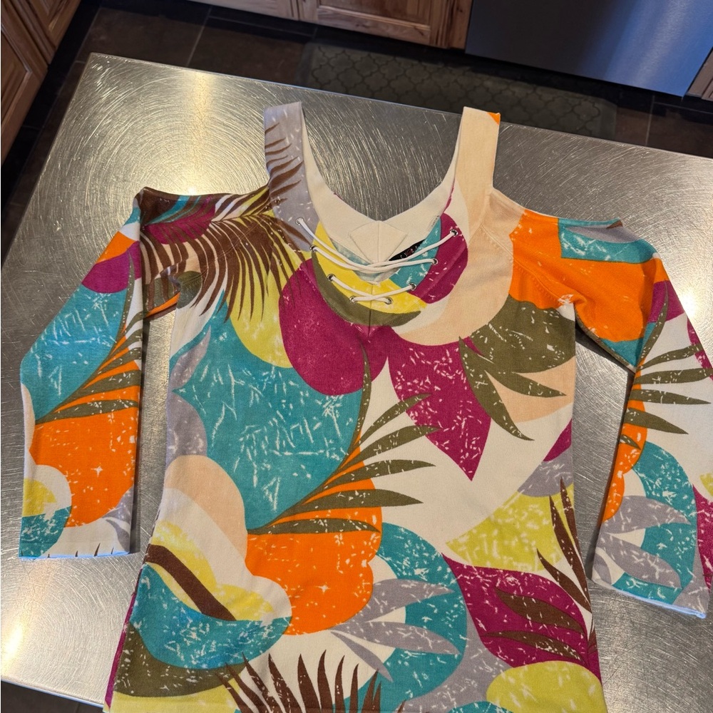Cyrus Multicolor Tropical Cold-Shoulder Top - Teal, Orange, Magenta, Yellow